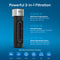 The 11" High Capacity All-in-One Under Sink Water Filter features triple-stage filtration—melt-blown polypropylene, activated carbon, and KDF—to remove lead, chlorine, VOCs, rust, dirt, and dust. Compact design; blue background with icons below.
