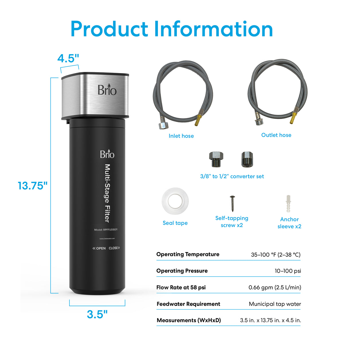 The 11" High Capacity All-in-One Under Sink Water Filter is a compact system with labeled dimensions, included parts (tubing, screws, adapter), and specs like operating temperature, pressure, flow rate, and size—ideal for under sink filtration.