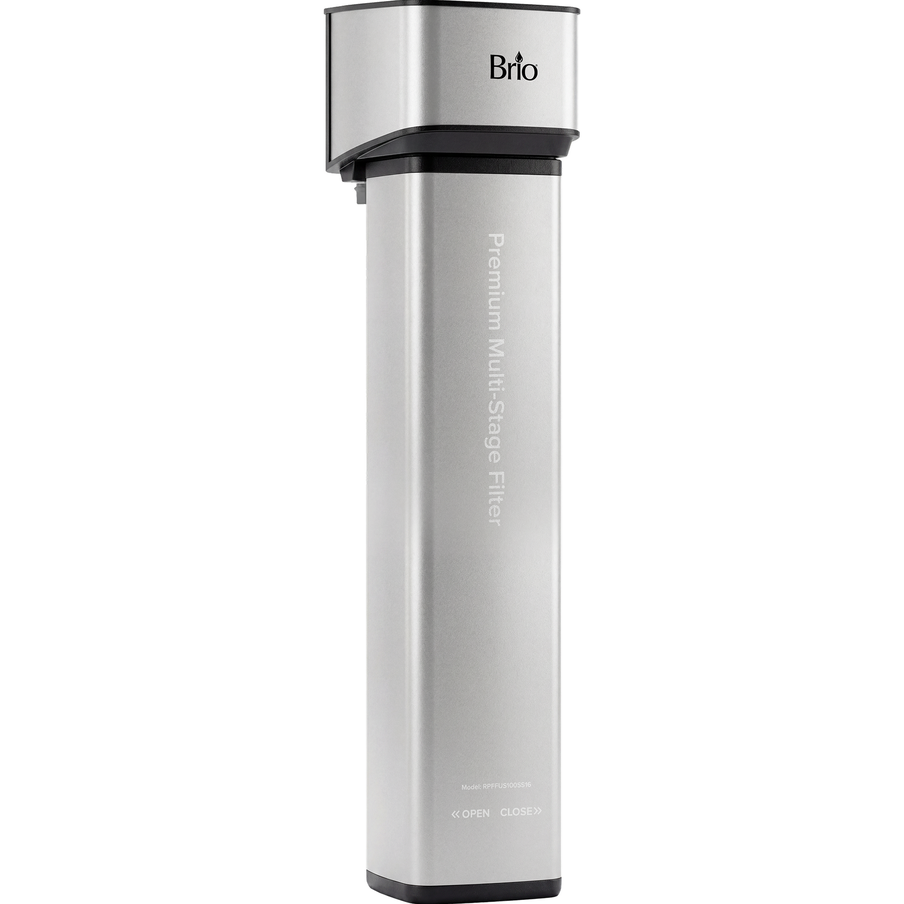 A silver 16" Premium Under Sink Filter PFAS-Removal System with a black top and base features visible text and branding on the front; NSF certified for multi-stage water filtration and effective PFAS removal.