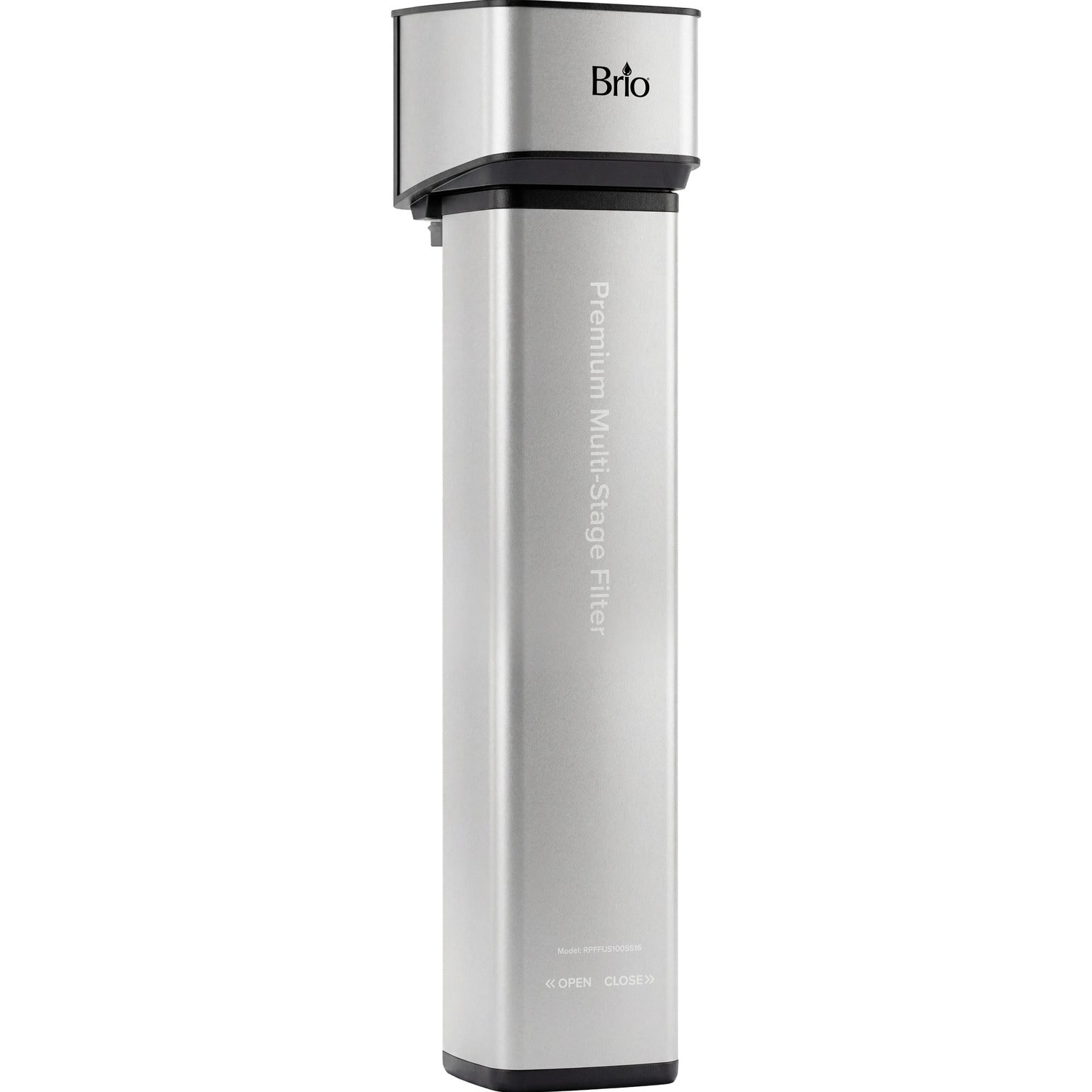 The 16″ Premium Under Sink Filter PFAS-Reduction System features a sleek silver, rectangular design with the branded logo positioned at the top and clearly marked OPEN and CLOSE directions on the bottom front panel. Engineered for convenience and effective PFAS removal, this multi-stage filter system is ideal for under sink installation.