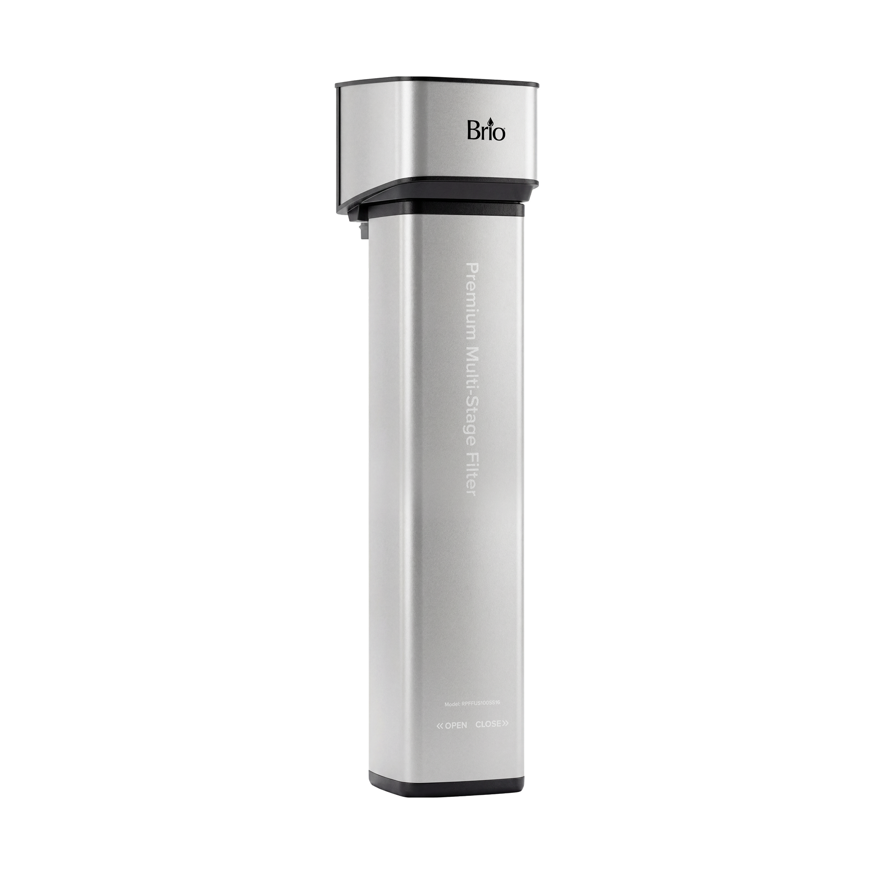 A tall, rectangular silver under sink water filter with a black top labeled “Brio” stands out for its modern design. The front displays “Premium Multi-Stage Filter.” This NSF certified 16″ Premium Under Sink Filter PFAS-Reduction System is a sleek and efficient choice, perfect for enhancing any home or office water filtration setup.