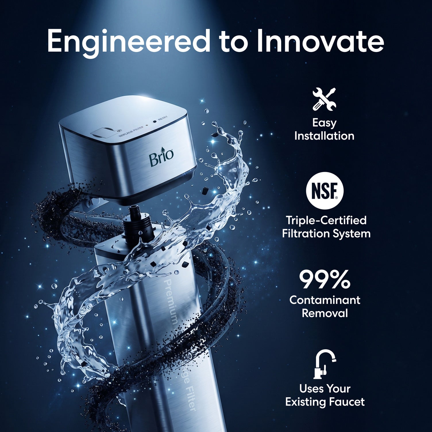 The 16″ Premium Under Sink Filter PFAS-Reduction System is engineered to innovate with easy installation and NSF Triple Certification, removes 99% off contaminants and works with your existing faucet.  The image shows the filter head , filter, and water flowing on a dark background.
