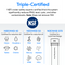 The 16″ Premium Under Sink Filter PFAS-Reduction System is NSF/ANSI 42, 53 and 372 certified to significantly reduce PFAS, lead, cysts and other contaminants.  The image shows the NSF logo and contaminants removed on a white and gray background.
