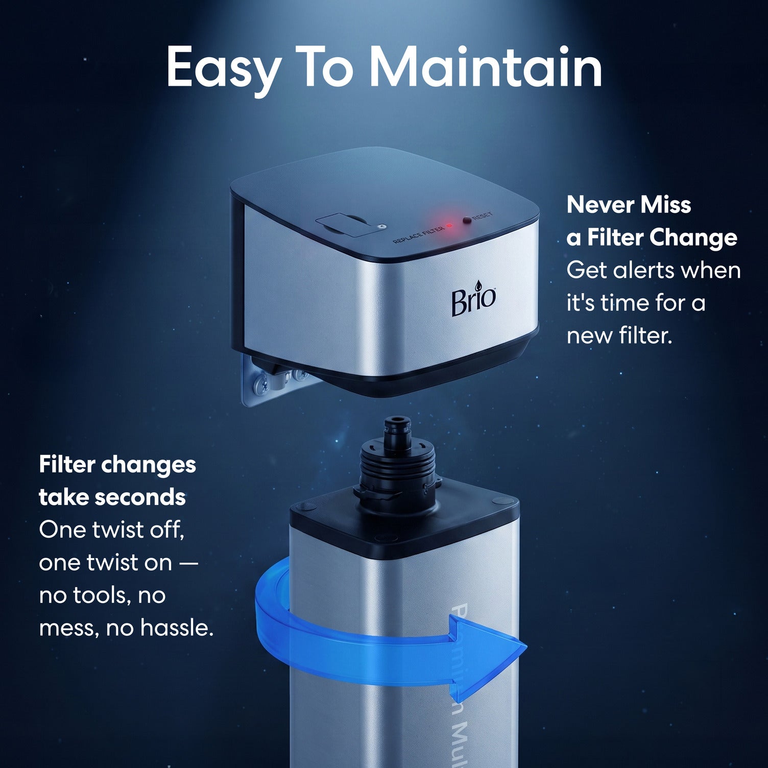 The 16″ Premium Under Sink Filter PFAS-Reduction is easy to maintain with an easy twist off, twist on filter change which does not require tools and an alert light when the filter needs to be replaced.  The image shows the head and filter separated on a dark blue back ground.