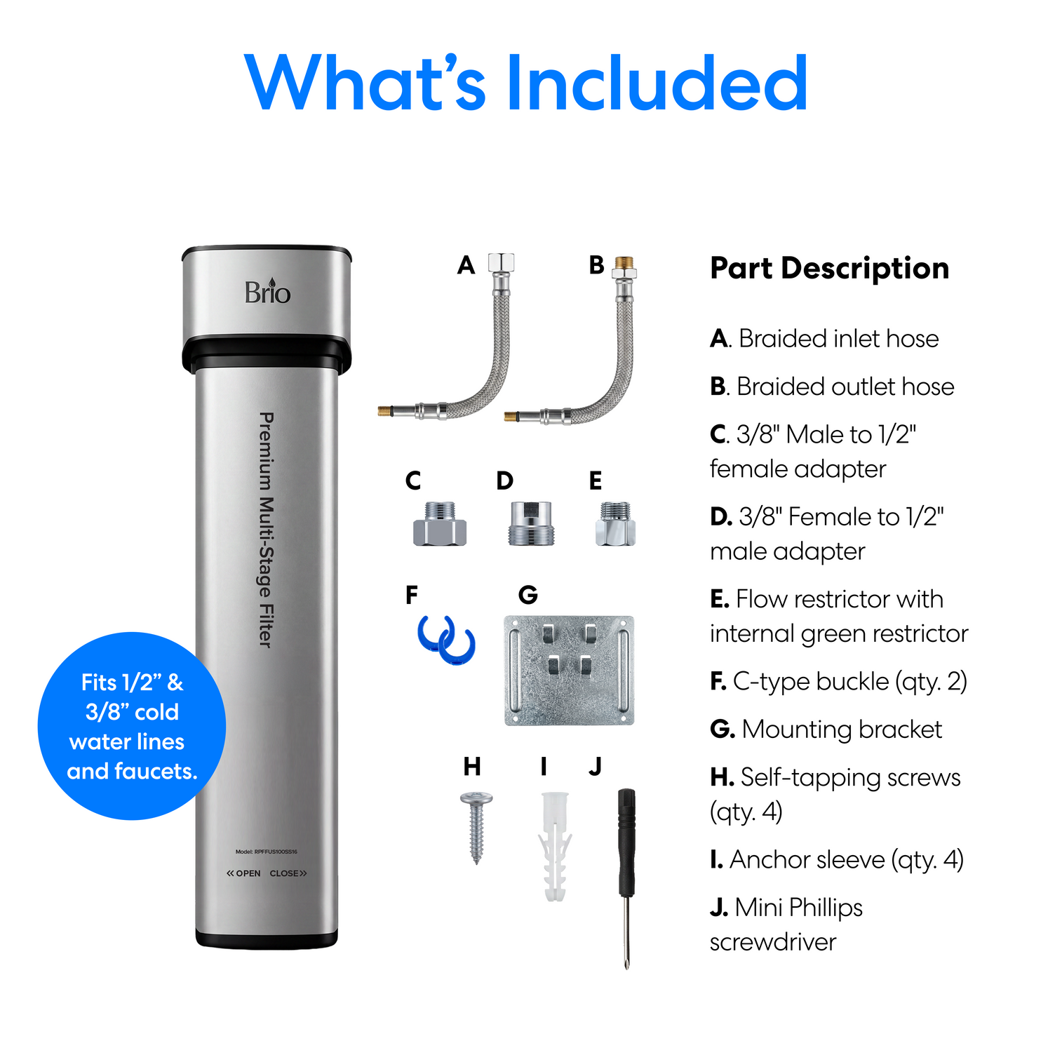 An image of all the components that comprise the Brio 16″ Premium Under Sink Filter PFAS-Reduction System including the mounting hardware, adaptors and other parts on a white background.