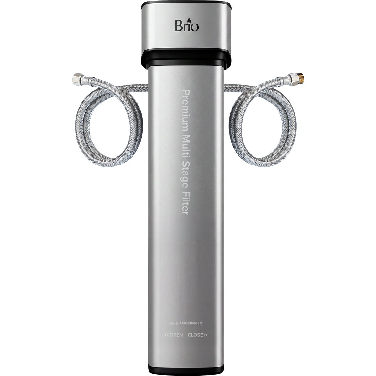 A tall, rectangular silver under sink water filter with connection lines and a black top labeled “Brio” stands out for its modern design. The front displays “Premium Multi-Stage Filter.” This NSF certified 16″ Premium Under Sink Filter PFAS-Reduction System is a sleek and efficient choice, perfect for enhancing any home or office water filtration setup.