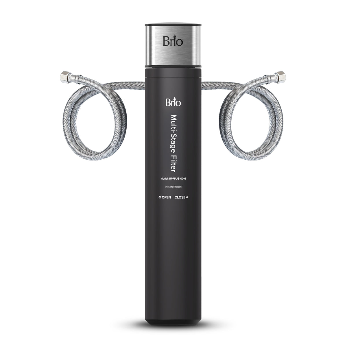 The 16" High Capacity All-in-One Under Sink Water Filter features a sleek cylindrical design with a silver top, black body, and two flexible metal hoses looping outward from each side for efficient water filtration.
