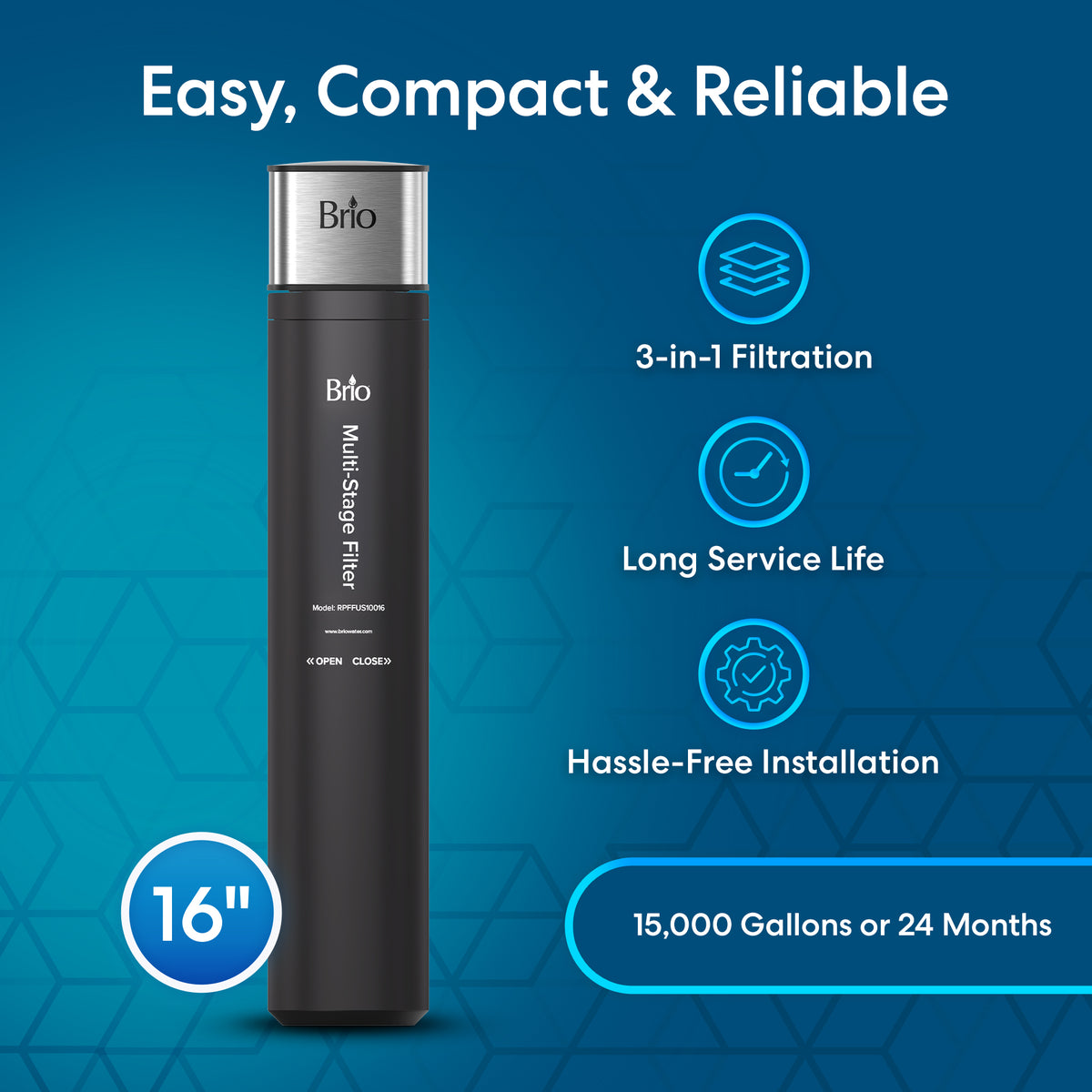 The 16" High Capacity All-in-One Under Sink Water Filter is displayed on a blue background, highlighting its 3-in-1 filtration, long service life of 15,000 gallons or 24 months, easy installation, and compact size.