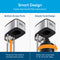 Split image showing features of the 16" High Capacity All-in-One Under Sink Water Filter: left side displays bottom access ports for tight spaces; right side highlights a simple twist design for multiple filter sizes. Blue and white background with text.