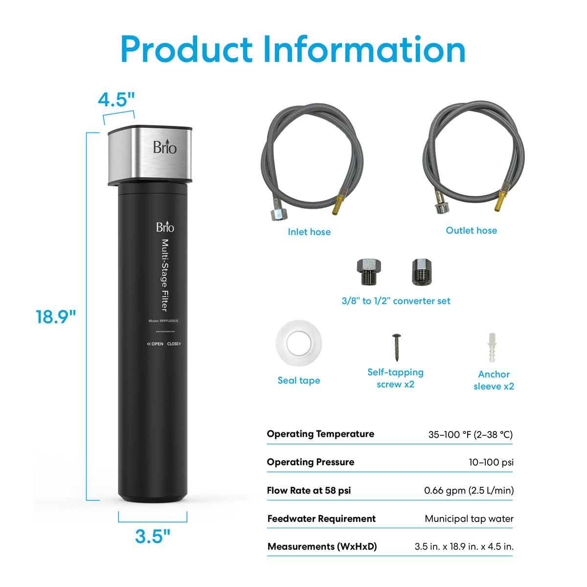 The 16" High Capacity All-in-One Under Sink Water Filter is a tall, cylindrical 3-stage system with hoses, fittings, seal tape, and installation hardware. Dimensions, specs, and temp/pressure requirements are listed next to this compact filtration system.
