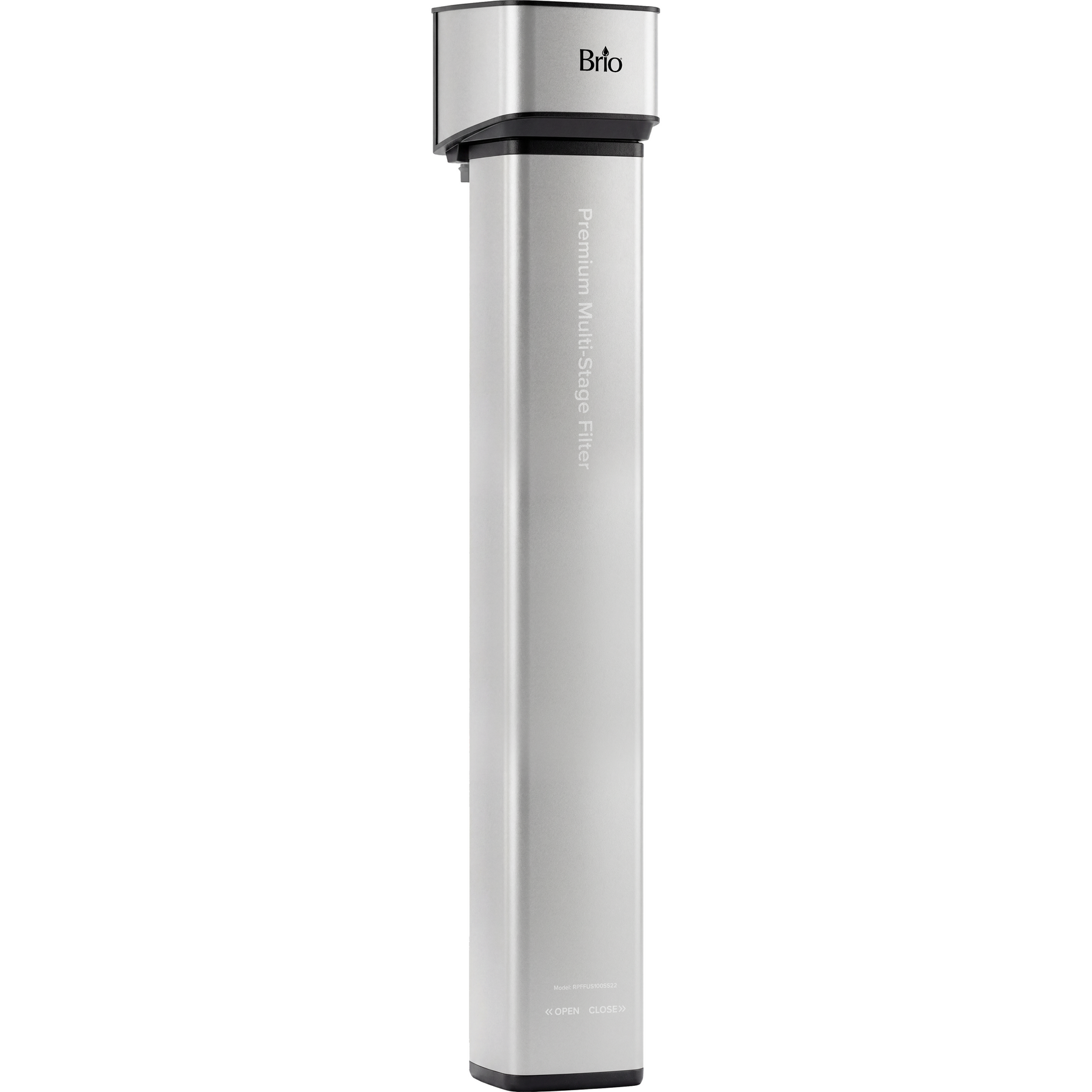 A tall, slim, silver and black 22" Premium Under Sink Filter PFAS-Removal System stands upright against a white background, highlighting its NSF certified technology for effective PFAS removal.