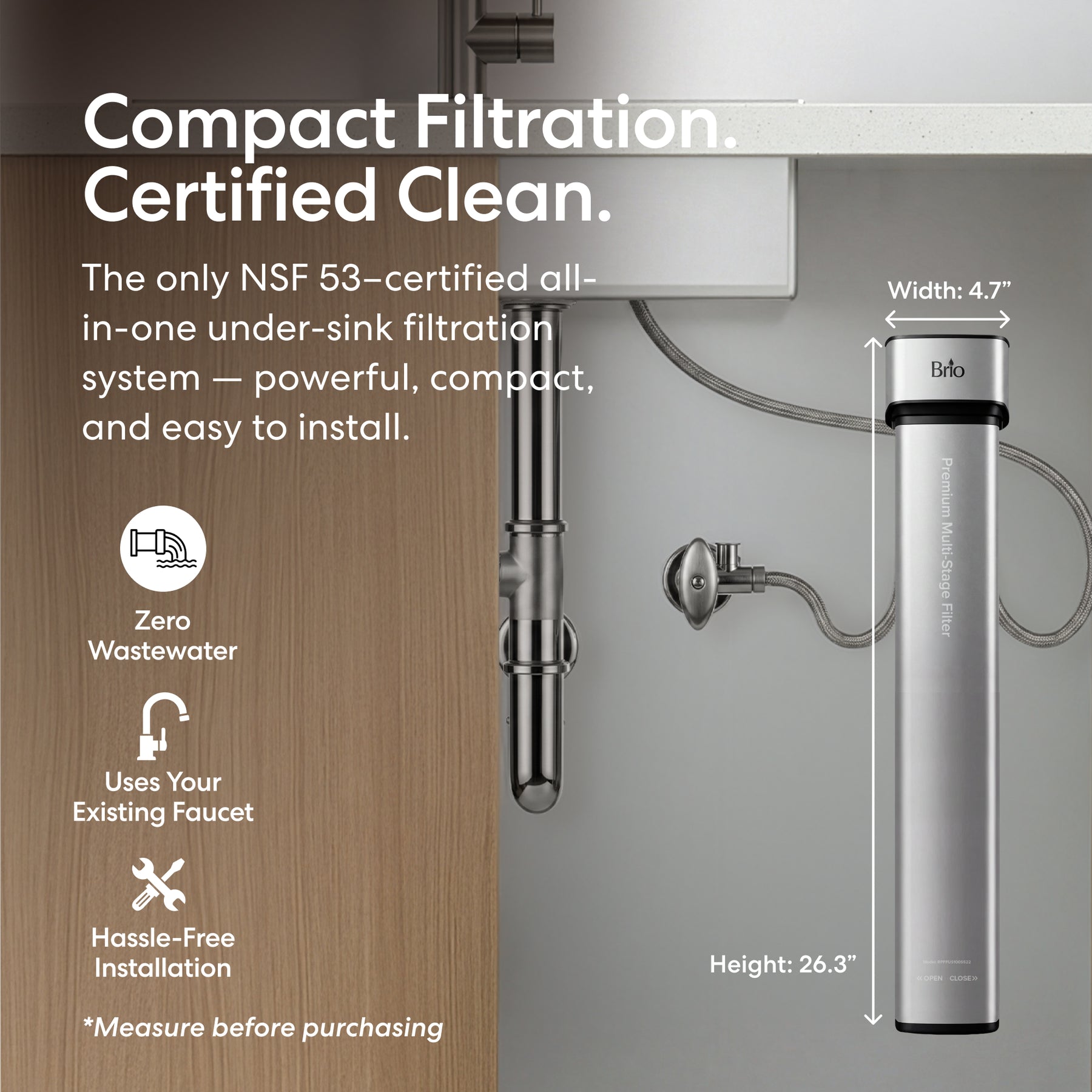 Under-sink view of the 22" Premium Under Sink Filter PFAS-Removal System, a sleek cylinder (22" tall, 4.7" wide) installed vertically. Text highlights compact design, zero wastewater, easy installation, and use with your existing faucet.
