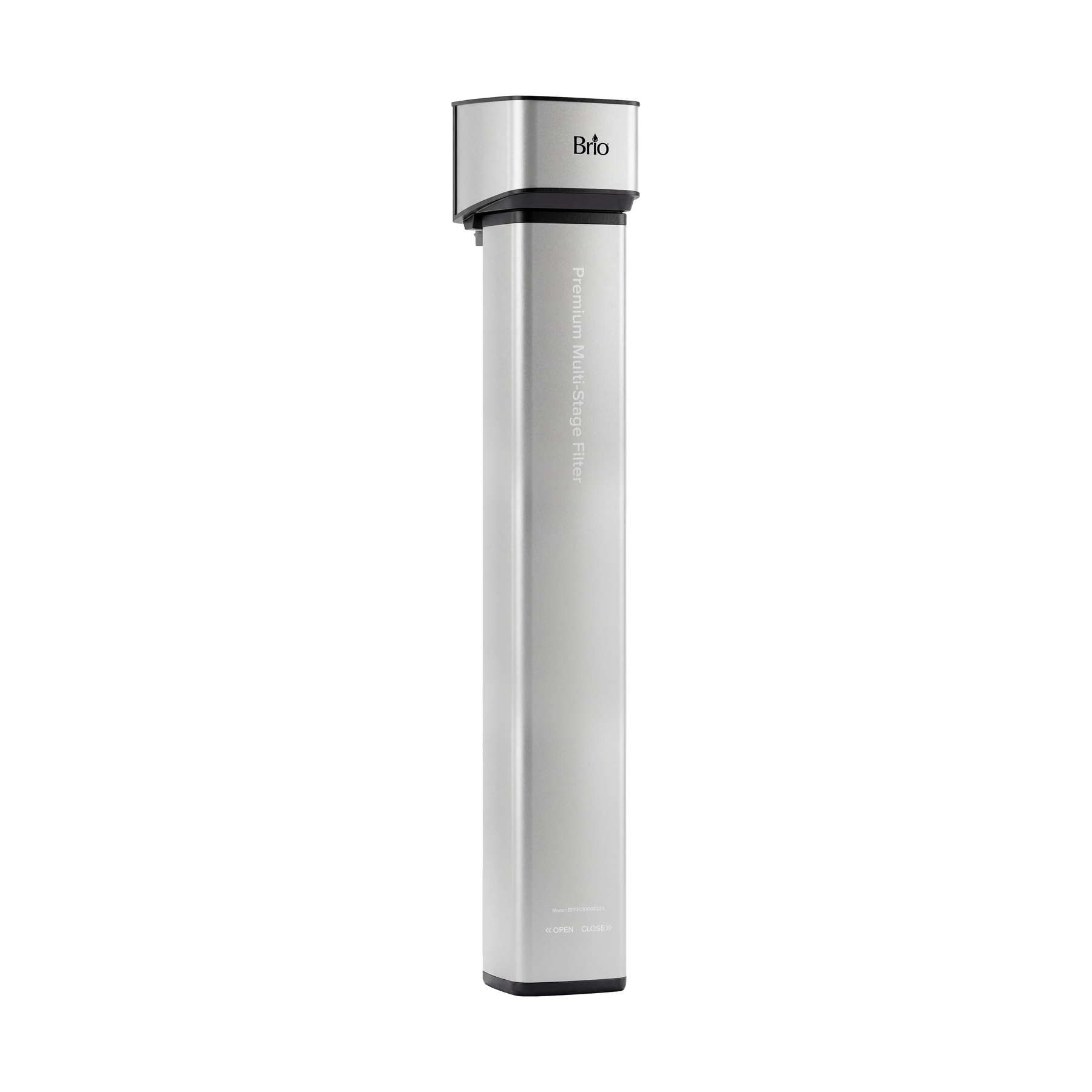 A tall, slim, rectangular silver device with a black top and base, labeled Brio at the top. The 22″ Premium Under Sink Filter PFAS-Reduction System showcases a minimalist design and is ideal for efficient PFAS removal.
