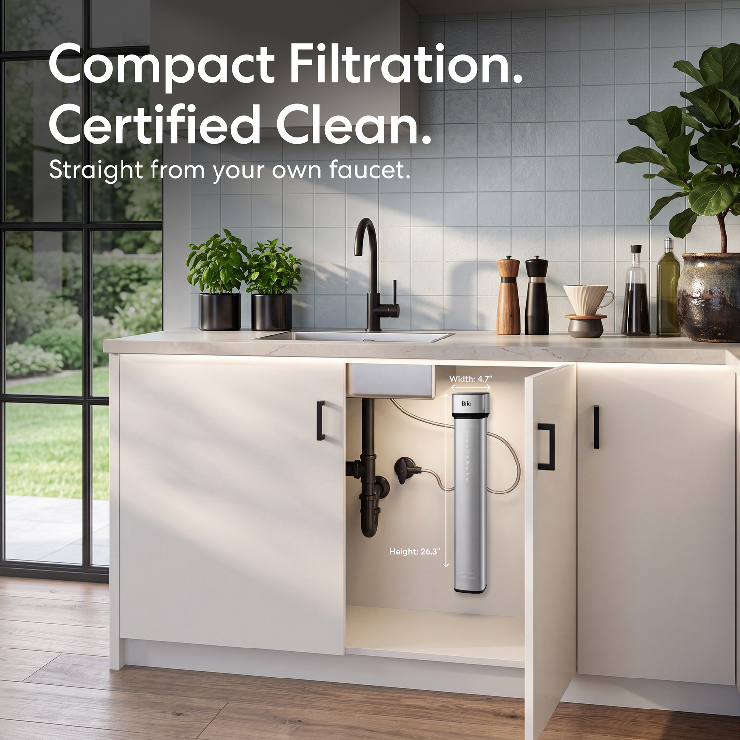 Modern kitchen with open cabinet doors revealing the 22″ Premium Under Sink Filter PFAS-Reduction System installed beneath the sink, highlighted with width and height measurements. Text above the sink reads, Compact Filtration. NSF certified for clean water.
