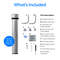 An image of all the components that comprise the Brio 22″ Premium Under Sink Filter PFAS-Reduction System including the mounting hardware, adaptors and other parts on a white background.