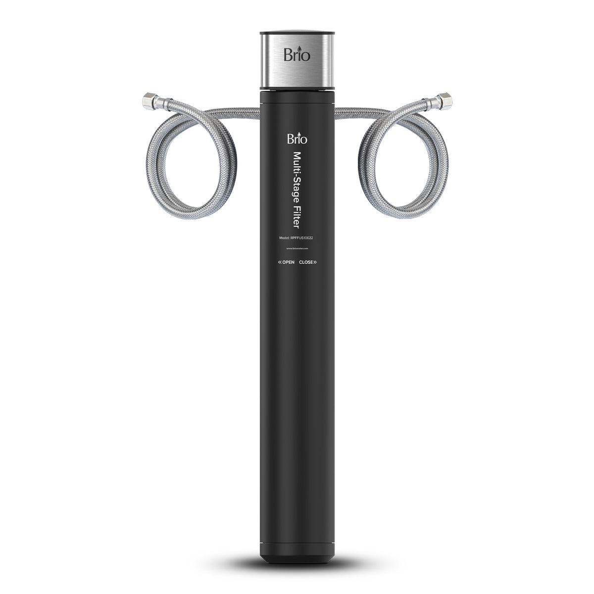 The 22" High Capacity All-in-One Under Sink Water Filter is black with a silver top and two flexible metal hoses on each side, features 3-stage filtration, and is shown against a white background.