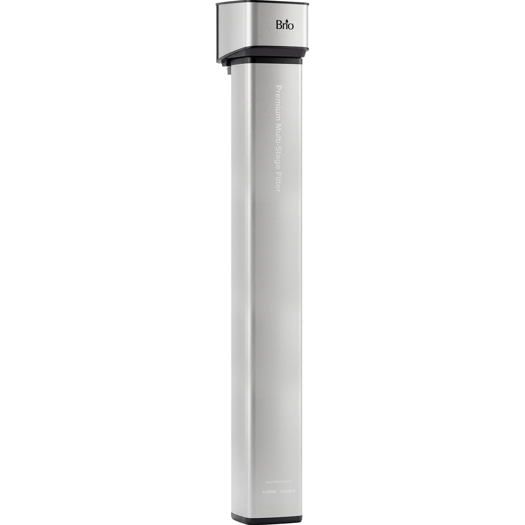 A tall, slim silver 26" Premium Under Sink Filter PFAS-Removal System with Brio branding features a modern rectangular design with black accents and advanced PFAS removal for cleaner water.
