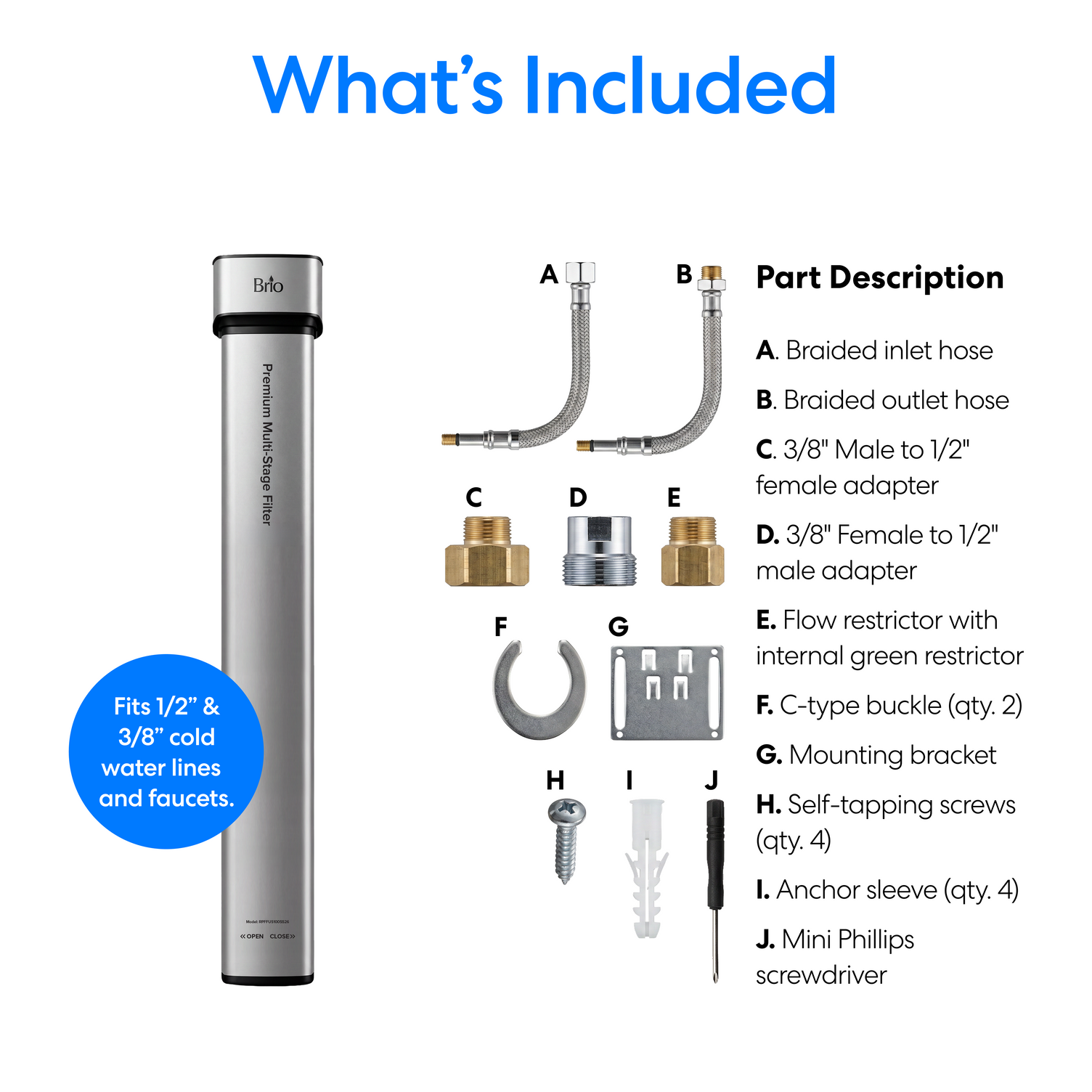 The 26″ Premium Under Sink Filter PFAS-Reduction System is an NSF certified under sink water filter that removes PFAS and other contaminants. It comes with braided hoses, adapters, a flow restrictor, mounting bracket, quick-tube, self-tapping screws, anchor sleeves, and a mini Phillips screwdriver. Part descriptions and labels are provided for easy installation.