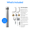 The 26″ Premium Under Sink Filter PFAS-Reduction System is an NSF certified under sink water filter that removes PFAS and other contaminants. It comes with braided hoses, adapters, a flow restrictor, mounting bracket, quick-tube, self-tapping screws, anchor sleeves, and a mini Phillips screwdriver. Part descriptions and labels are provided for easy installation.
