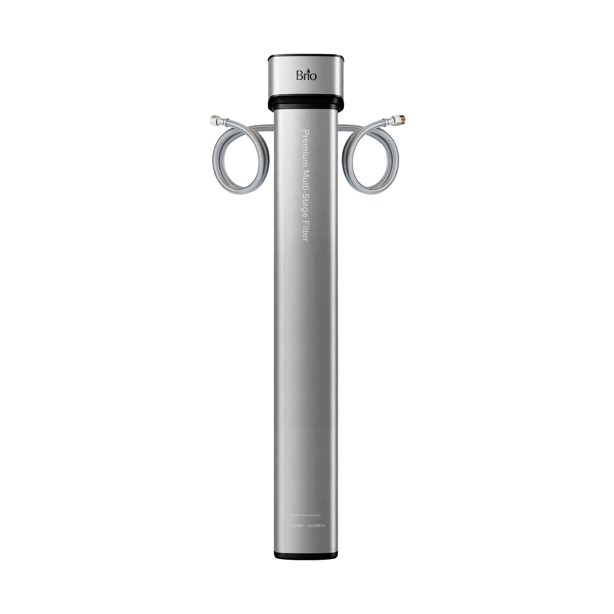 A tall, slim, rectangular silver device with connection lines and a black top and base, labeled Brio at the top. The 26″ Premium Under Sink Filter PFAS-Reduction System showcases a minimalist design and is ideal for efficient PFAS reduction.