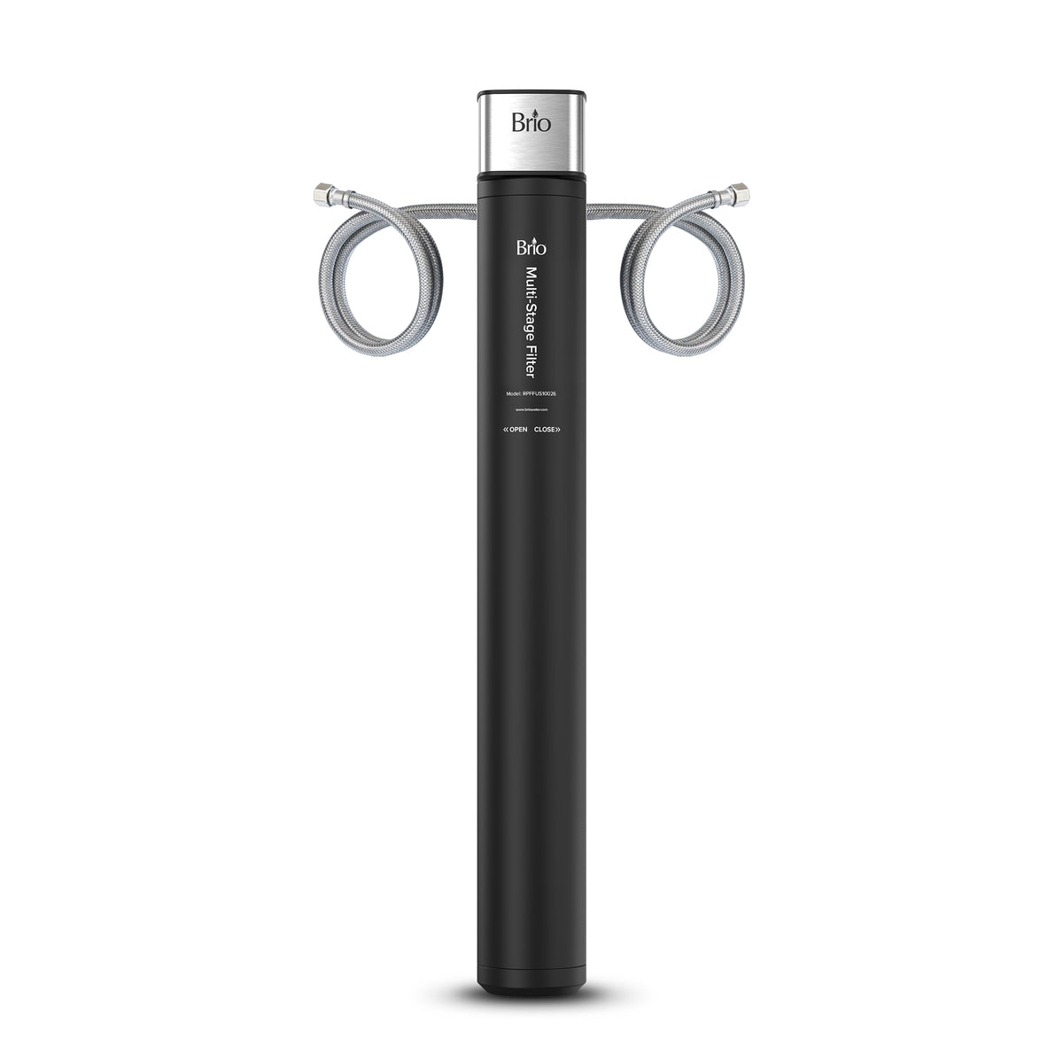 A tall, cylindrical 26″ High Capacity All-in-One Under Sink Water Filter in black with a metallic cap and flexible hoses extending from each side, displayed on a white background.