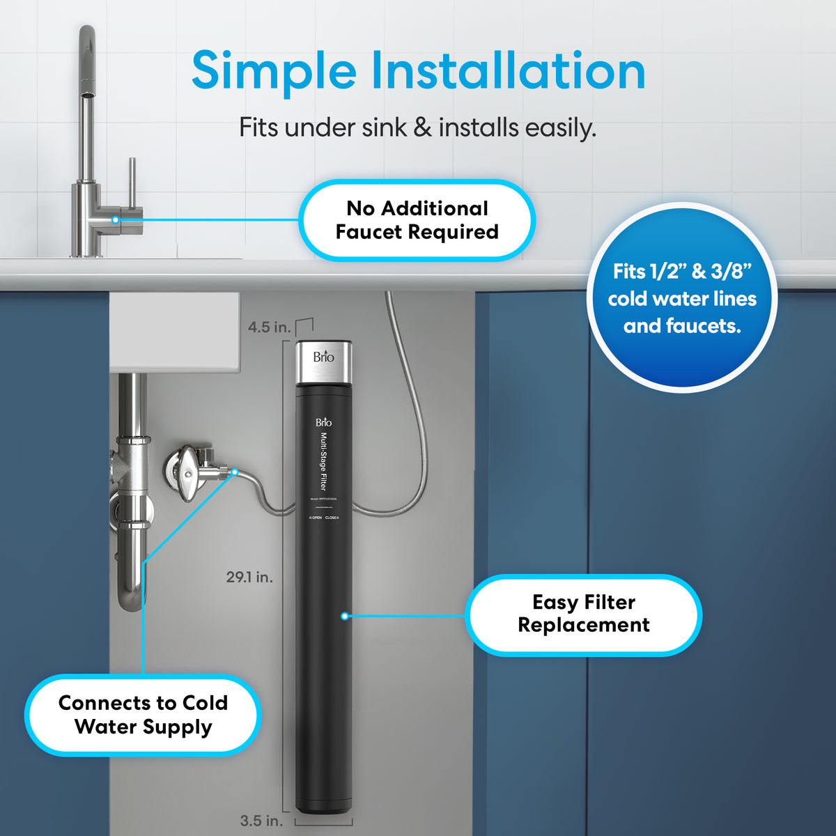 Diagram showing the 26″ High Capacity All-in-One Under Sink Water Filter installed beneath a sink, with labeled features: compatible with 1/2″ & 3/8″ water lines, connects directly to the cold water supply, no separate faucet required, easy filter replacement design, and measurements highlighting the unit’s compact size.