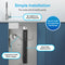 Diagram showing the 26″ High Capacity All-in-One Under Sink Water Filter installed beneath a sink, with labeled features: compatible with 1/2″ & 3/8″ water lines, connects directly to the cold water supply, no separate faucet required, easy filter replacement design, and measurements highlighting the unit’s compact size.