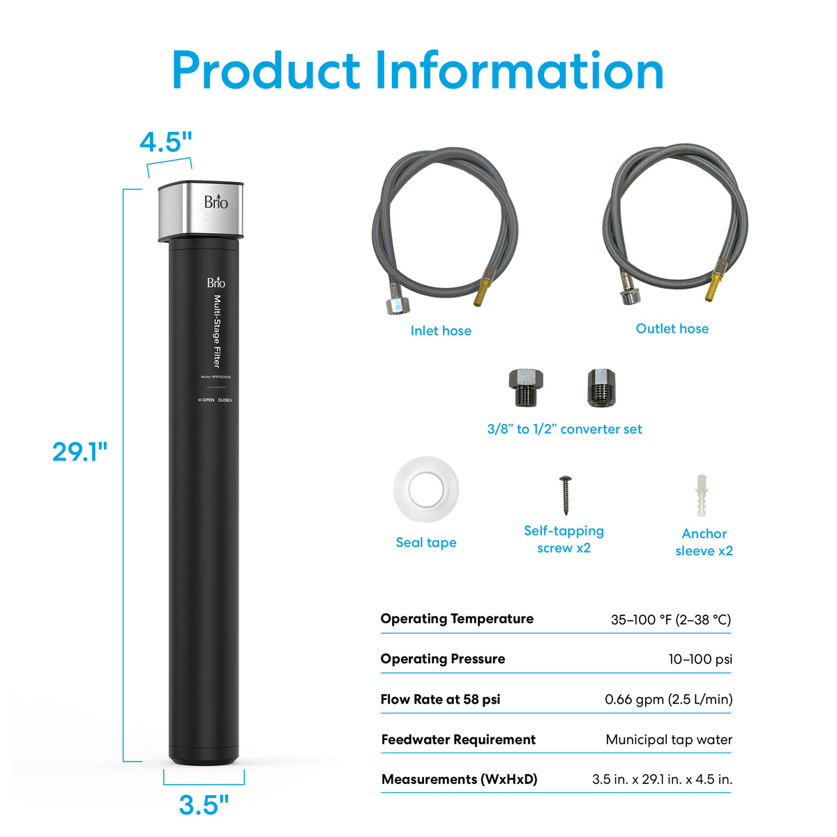 26″ High Capacity All-in-One Under Sink Water Filter—tall black, compact design perfect for under sink water filtration. Includes two labeled hoses (inlet/outlet) and assorted small components. Specifications: 29.1x3.5x4.5 inches, 0.66 gpm flow rate, operates from 35-100°F. Blue and black text on a white background.