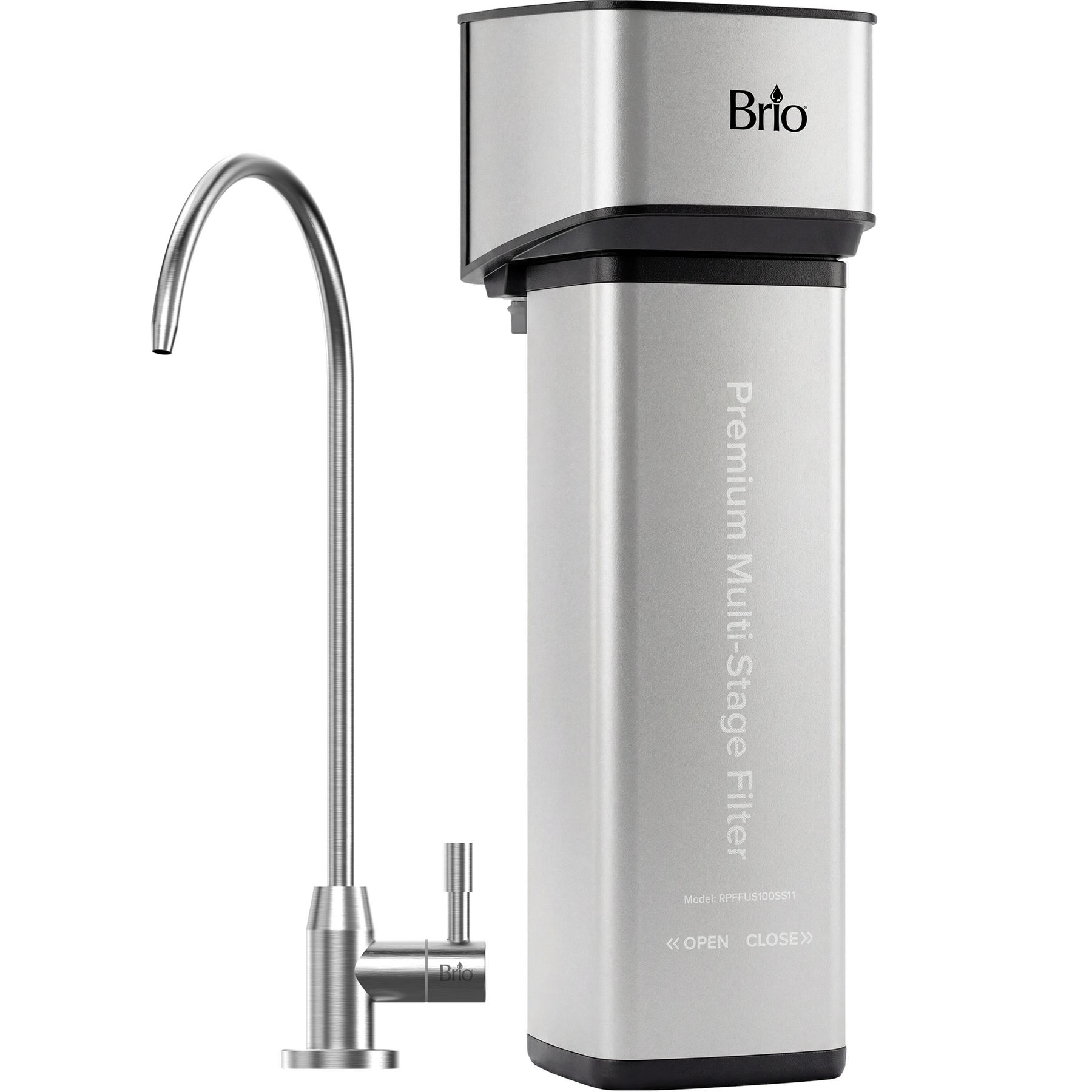 The 11" Premium Under Sink Filter PFAS-Removal System & Faucet offers NSF certified filtration with a modern, metallic design and a sleek faucet, ideal for easy countertop installation. The unit is labeled “Premium Multi-Stage Filter.”.
