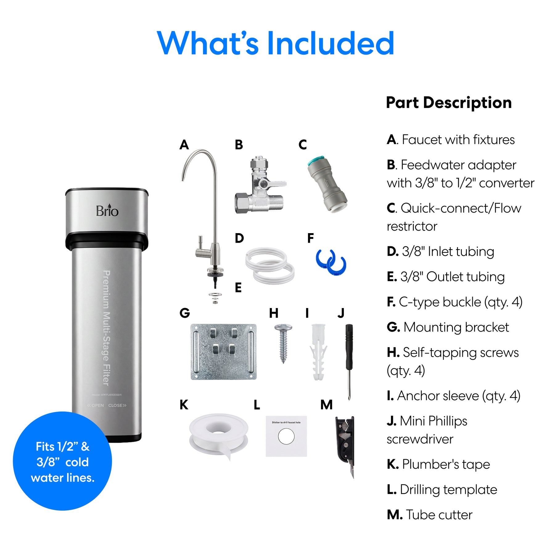 Illustrated contents of the 11" Premium Under Sink Filter PFAS-Removal System & Faucet kit, labeled A–M, featuring an NSF-certified PFAS removal filter, feedwater adapter, tubing, fittings, bracket, screws, mini screwdriver, plumber’s tape & more.