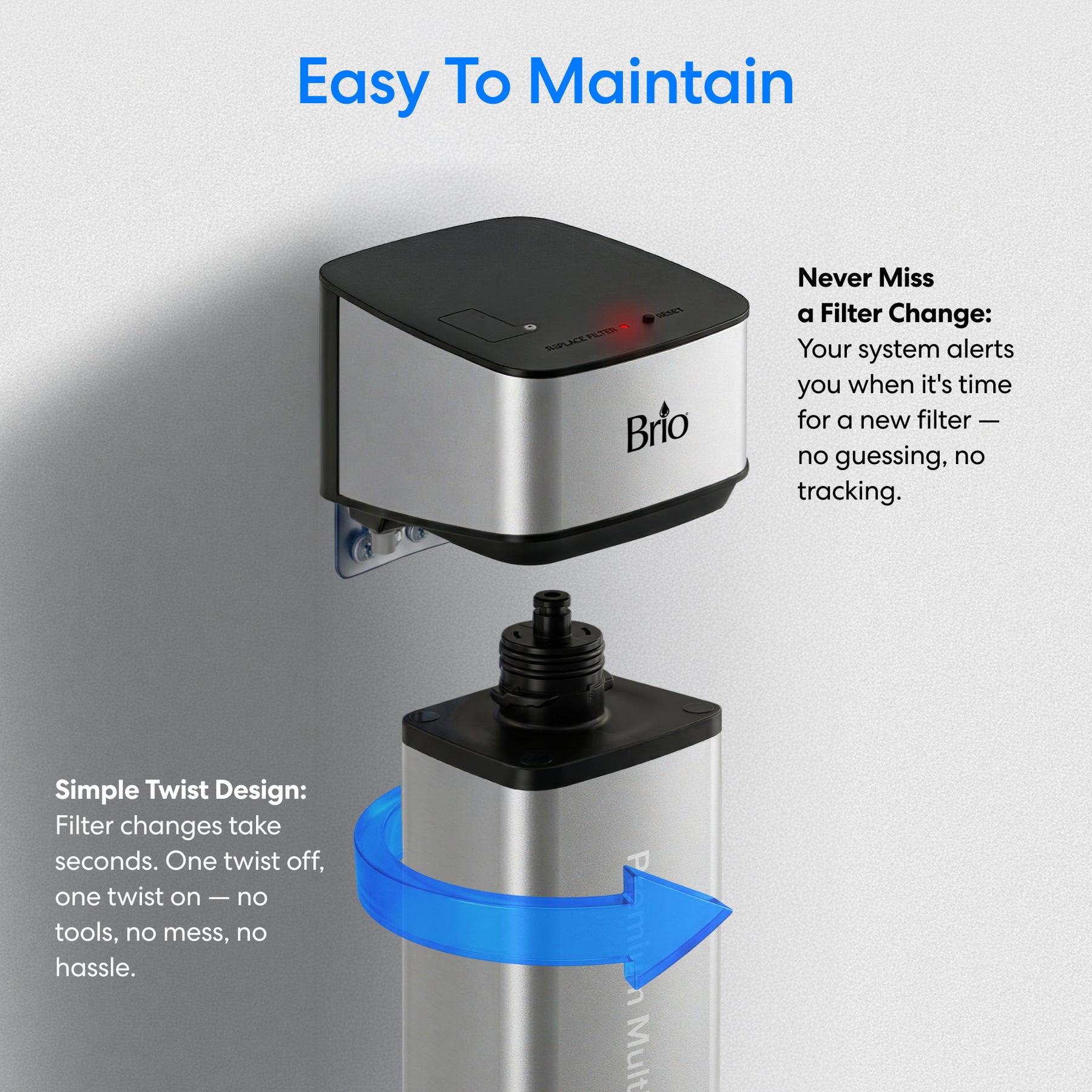 The 11" Premium Under Sink Filter PFAS-Removal System & Faucet is wall-mounted, featuring easy maintenance, a simple twist design for quick filter changes, effective PFAS removal, and an alert system for timely filter replacement.