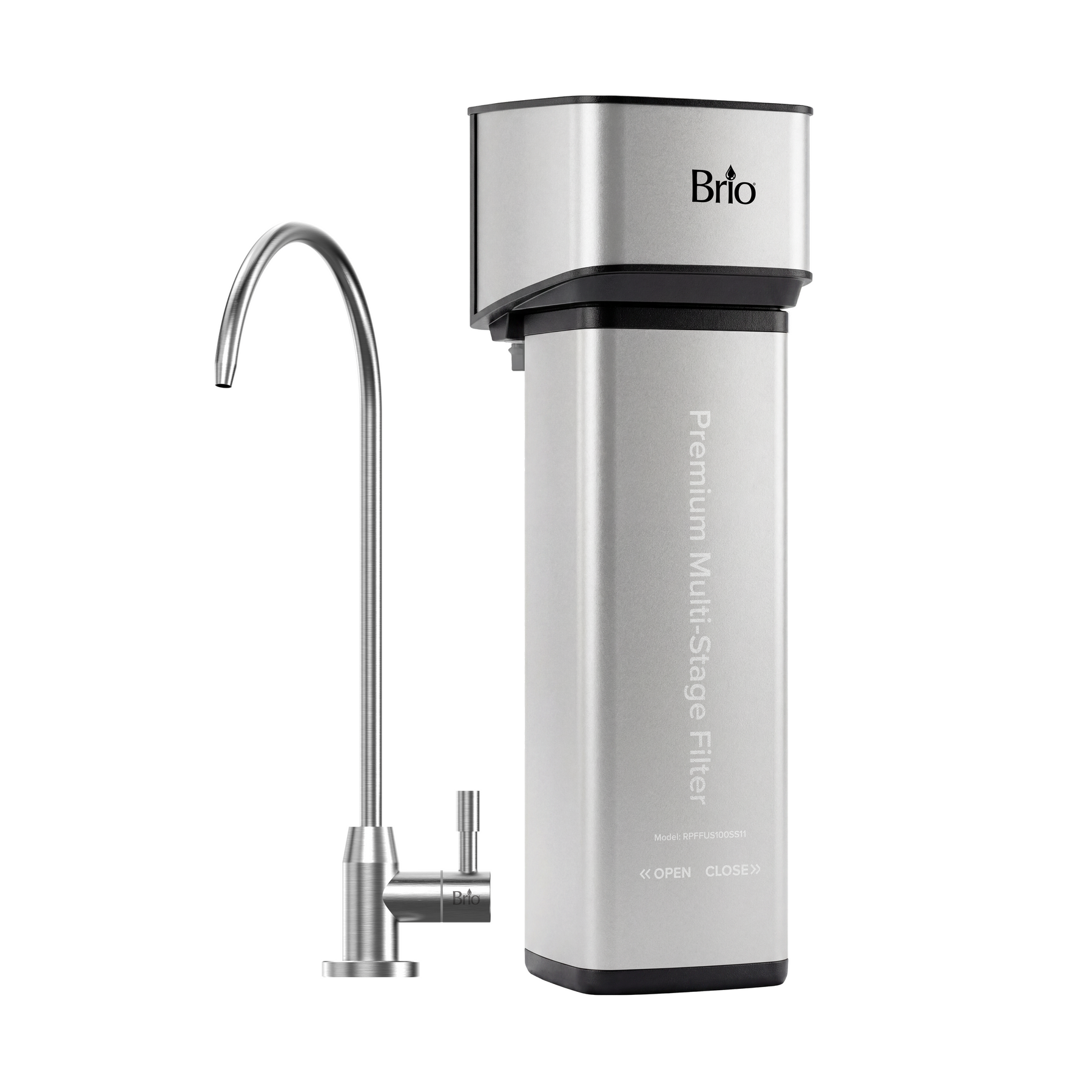A stainless steel under sink PFAS-reduction water filter system with a tall, curved faucet and a rectangular filter unit labeled “11\” Premium Multi-Stage Filter.“ The brand name “Brio” is printed on the upper part of the unit.