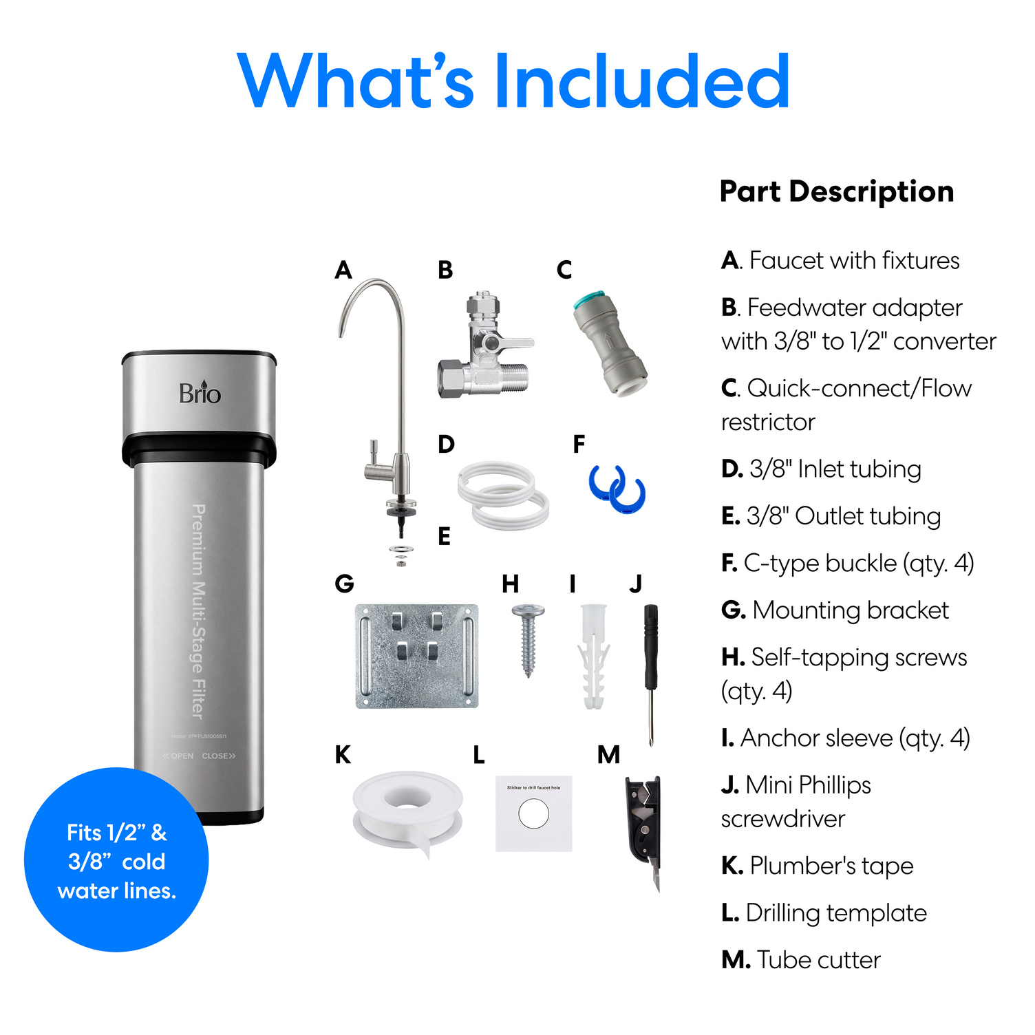 An image of all the components that comprise the Brio 11″ Premium Under Sink Filter PFAS-Reduction System with stainless steel faucet including the mounting hardware, adaptors and other parts on a white background.
