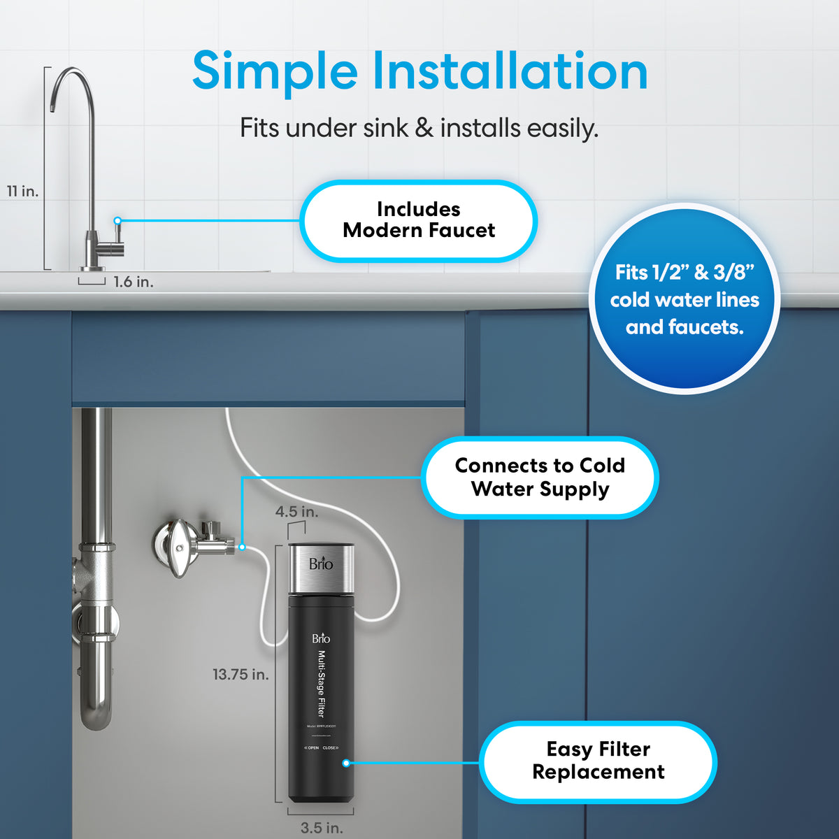Diagram showing the 11" High Capacity All-in-One Under Sink Water Filter & Faucet installed beneath a sink, labeled with measurements and key features: modern faucet, compatibility with 1/2" & 3/8" water lines, cold water supply connection, and easy filter replacement. This compact system delivers an efficient solution for clean drinking water straight from your tap.