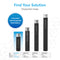 Four black Brita water filter cartridges of varying heights are displayed, labeled with their model numbers, filter life, and capacity. The text highlights the convenient interchangeable head system—perfect for your under-sink water filtration setup—and introduces the 11" High Capacity All-in-One Under Sink Water Filter & Faucet with the phrase Find Your Solution.
