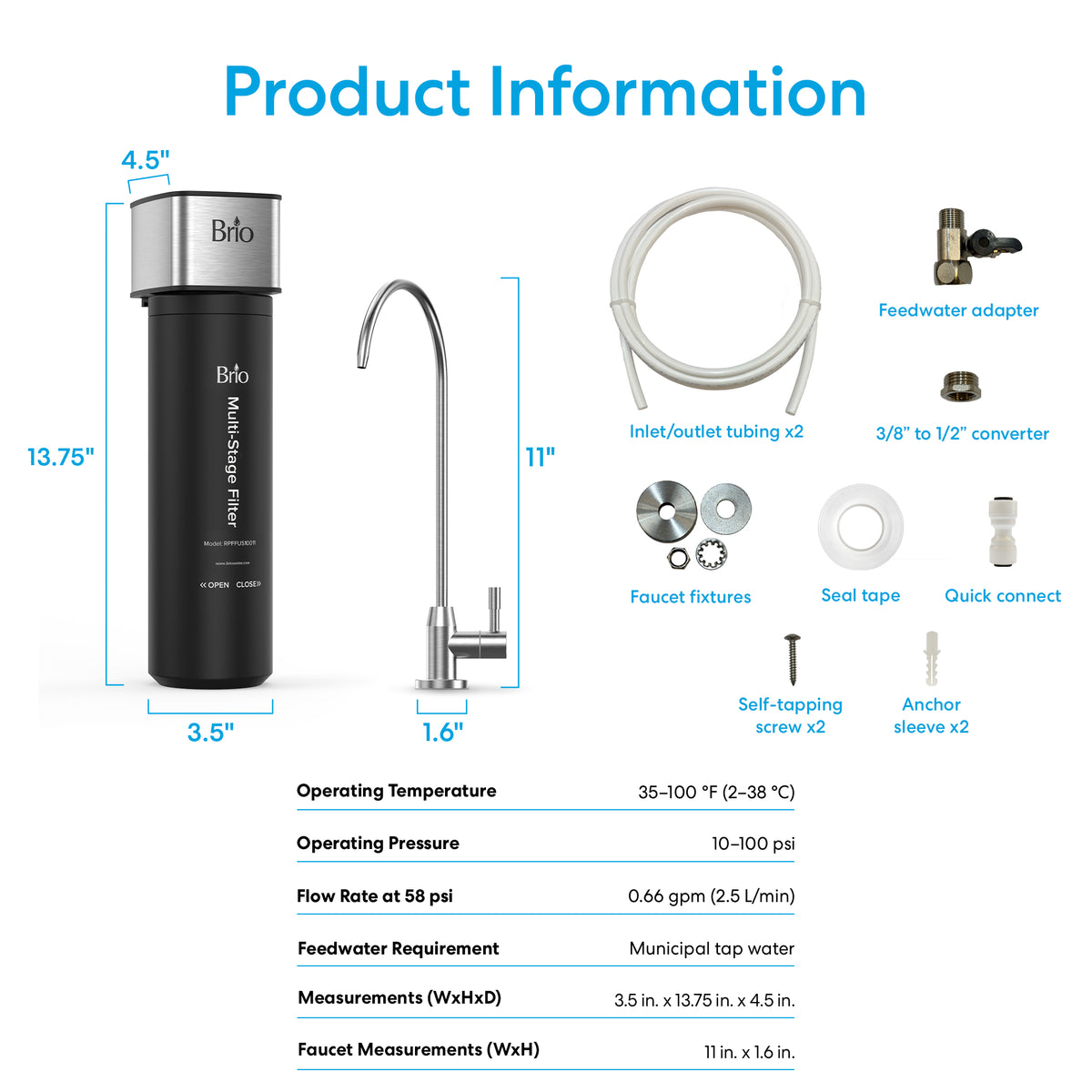 11" High Capacity All-in-One Under Sink Water Filter & Faucet kit with filter cartridge, faucet, tubing, adapter, hardware, and installation parts. This compact under sink water filtration system includes measurements, specifications, and clearly labeled components for easy setup and requirements. Features a sleek blue and gray color scheme.
