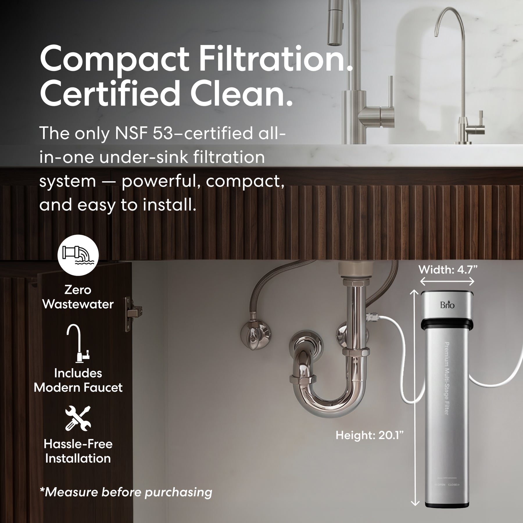 A modern kitchen features the 16" Premium Under Sink Filter PFAS-Removal System & Faucet—NSF certified, compact, with zero wastewater, easy installation, included faucet, and effective PFAS removal.