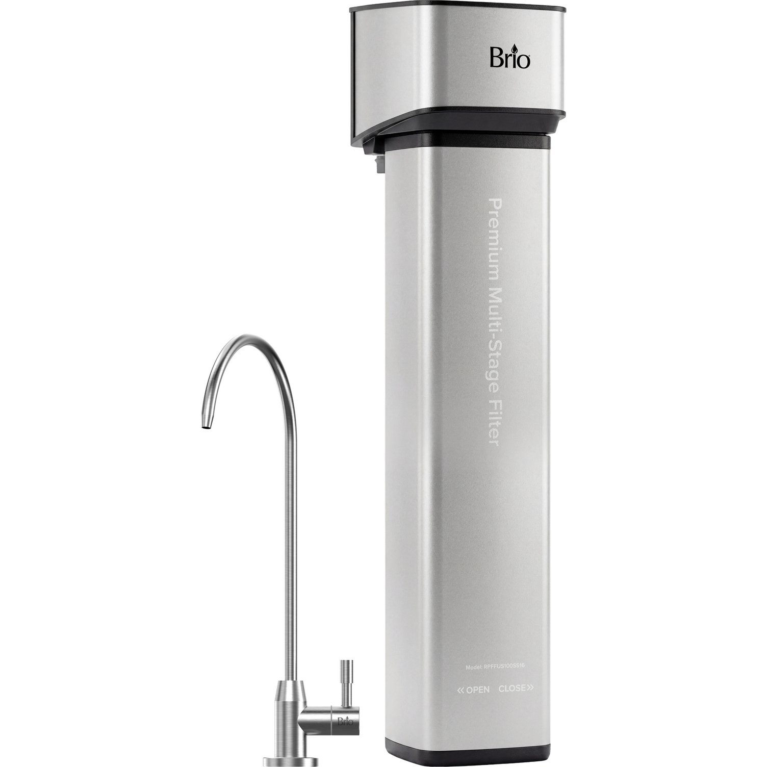 The 16″ Premium Under Sink Filter PFAS-Reduction System features a sleek silver, rectangular design with the branded logo positioned at the top and clearly marked OPEN and CLOSE directions on the bottom front panel. Engineered for convenience and effective PFAS removal, this multi-stage filter system is ideal for under sink installation and comes with a stainless steel faucet.