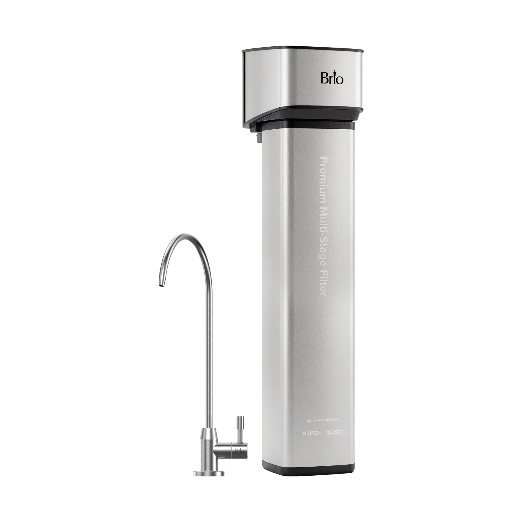A tall, rectangular 16″ Premium Under Sink Filter PFAS-Reduction System with a matching silver faucet stands against a white background. The NSF certified filter unit features “Premium Multi-Stage Filter” labeled vertically on the front.