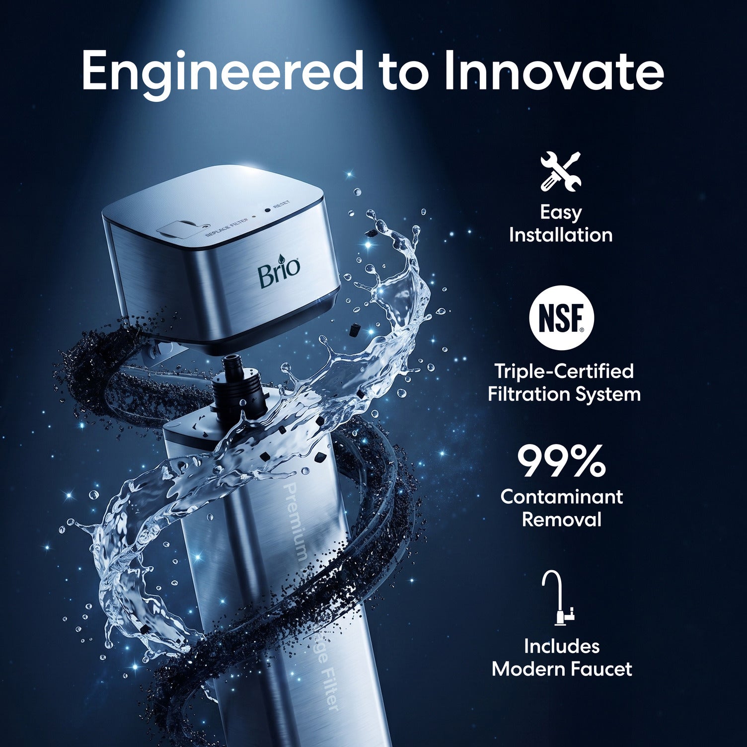 The 16″ Premium Under Sink Filter PFAS-Reduction System with faucet is engineered to innovate with easy installation and NSF Triple Certification, removes 99% off contaminants and works with your existing faucet.  The image shows the filter head , filter, and water flowing on a dark background.