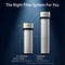A graphic of the two Brio Premium Under Sink Filter PFAX-Reduction Systems with stainless steel faucet by size height, filtration by gallon capacity and product SKU.  
