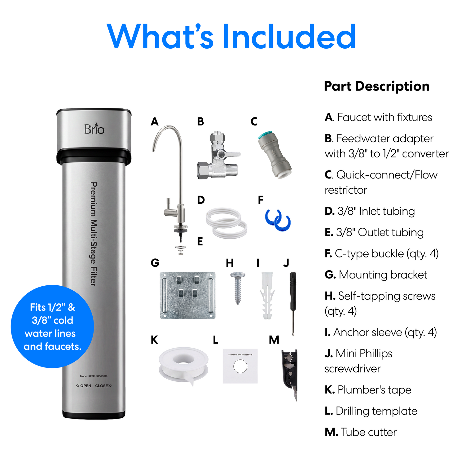 An image of all the components that comprise the Brio 16″ Premium Under Sink Filter PFAS-Reduction System with stainless steel faucet including the mounting hardware, adaptors and other parts on a white background.