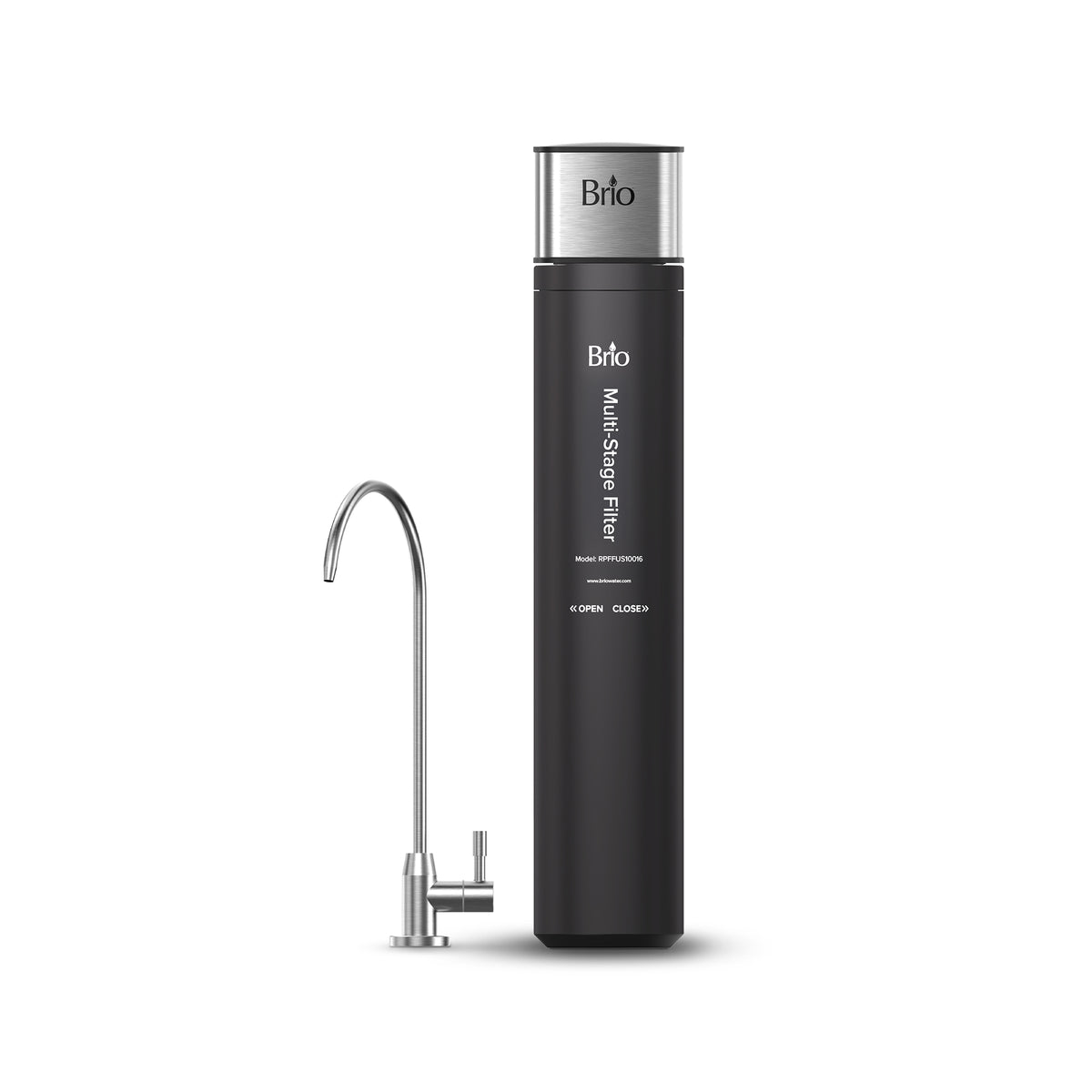 A sleek black and silver cylindrical 16" High Capacity All-in-One Under Sink Water Filter & Faucet stands next to a modern silver faucet on a white background, highlighting an advanced under sink water filtration system with a compact design.
