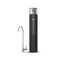 A sleek black and silver cylindrical 16" High Capacity All-in-One Under Sink Water Filter & Faucet stands next to a modern silver faucet on a white background, highlighting an advanced under sink water filtration system with a compact design.