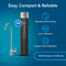 16" High Capacity All-in-One Under Sink Water Filter & Faucet with stainless-steel faucet, featuring advanced 3-stage 3-in-1 filtration, easy under sink installation, and a long-lasting filter life of up to 15,000 gallons or 24 months—all highlighted on a blue geometric background.