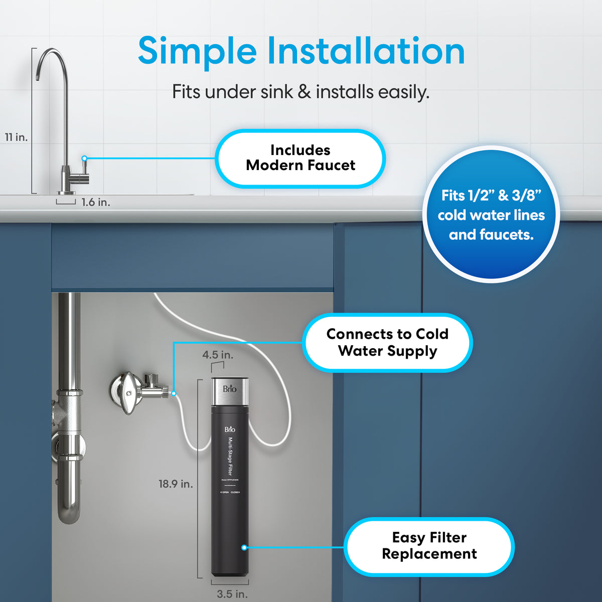 Diagram of the 16" High Capacity All-in-One Under Sink Water Filter & Faucet installed beneath a sink, featuring callouts for its modern faucet, cold water supply connection, easy filter replacement, and compatibility with both 1/2” and 3/8” cold water lines. This compact system uses a 3-stage filtration process to deliver cleaner, better-tasting drinking water directly from your tap.