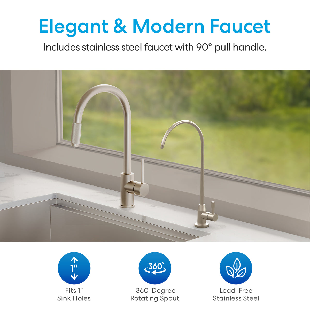 Experience fresh-tasting water right at your fingertips with the 16" High Capacity All-in-One Under Sink Water Filter & Faucet. This lead-free stainless steel faucet, designed for use with an under sink water filtration system, fits a single sink hole and features a 360° rotating spout. The sleek and compact setup installs conveniently near your kitchen window, delivering filtered water directly from its modern, stainless steel design.