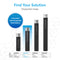 Four Brio 16" High Capacity All-in-One Under Sink Water Filter & Faucet cartridges in varying sizes, each labeled with filter life and capacity. A blue circle highlights the “Convenient Interchangeable Head System,” making it easy to upgrade or maintain your under sink water filtration setup. Header text says “Find Your Solution.” Geometric background pattern.