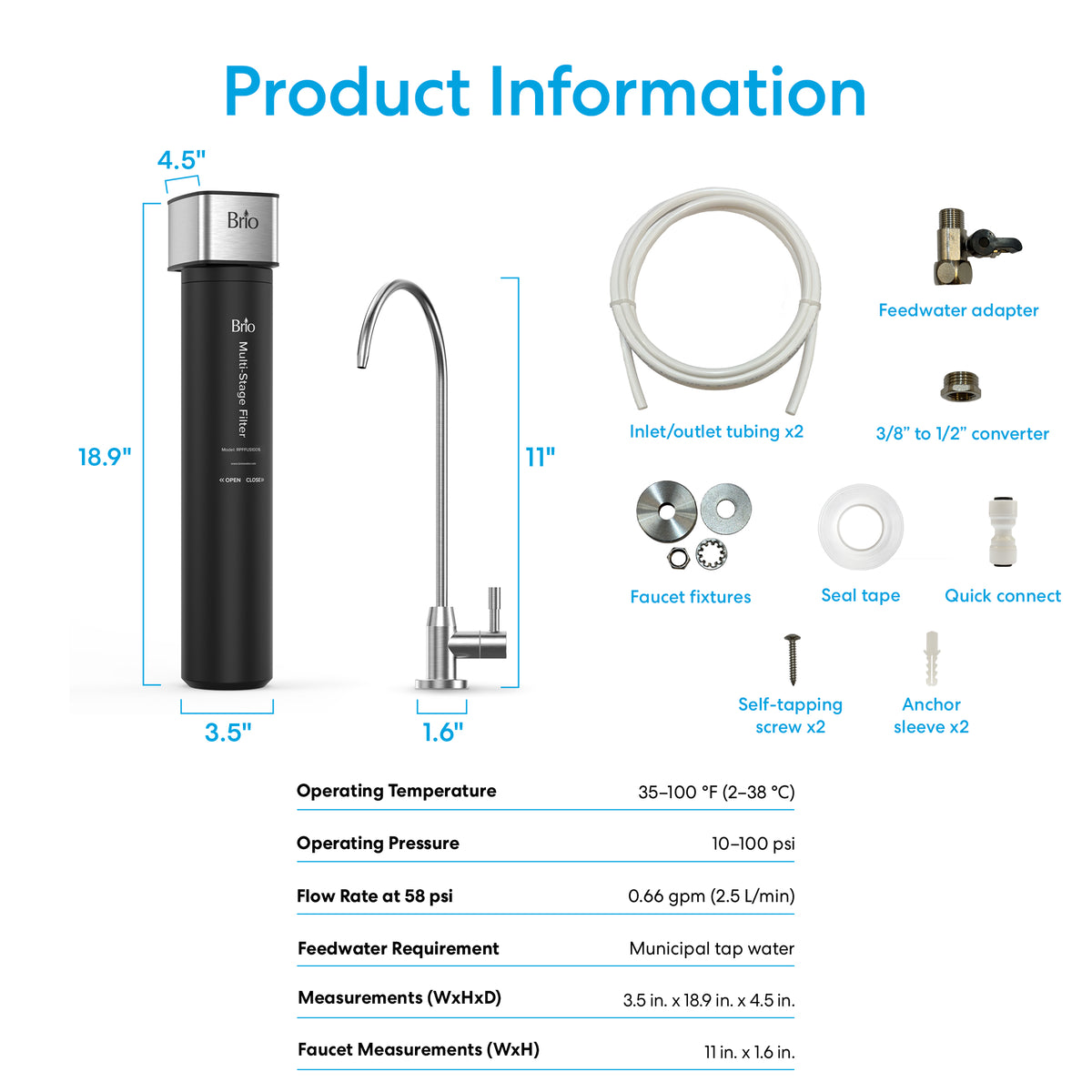 Diagram illustrating the 16" High Capacity All-in-One Under Sink Water Filter & Faucet, displaying its compact design with labeled faucet, accessories, and component dimensions. Includes a table detailing operating temperature, pressure, flow rate, and measurements for this 3-stage water filter system.
