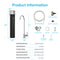 Diagram illustrating the 16" High Capacity All-in-One Under Sink Water Filter & Faucet, displaying its compact design with labeled faucet, accessories, and component dimensions. Includes a table detailing operating temperature, pressure, flow rate, and measurements for this 3-stage water filter system.